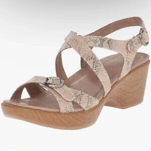 Dansko Women's 41 Julie Snakeskin Sandals Taupe Shoes Vegan 2.5” Wedge 10.5 11